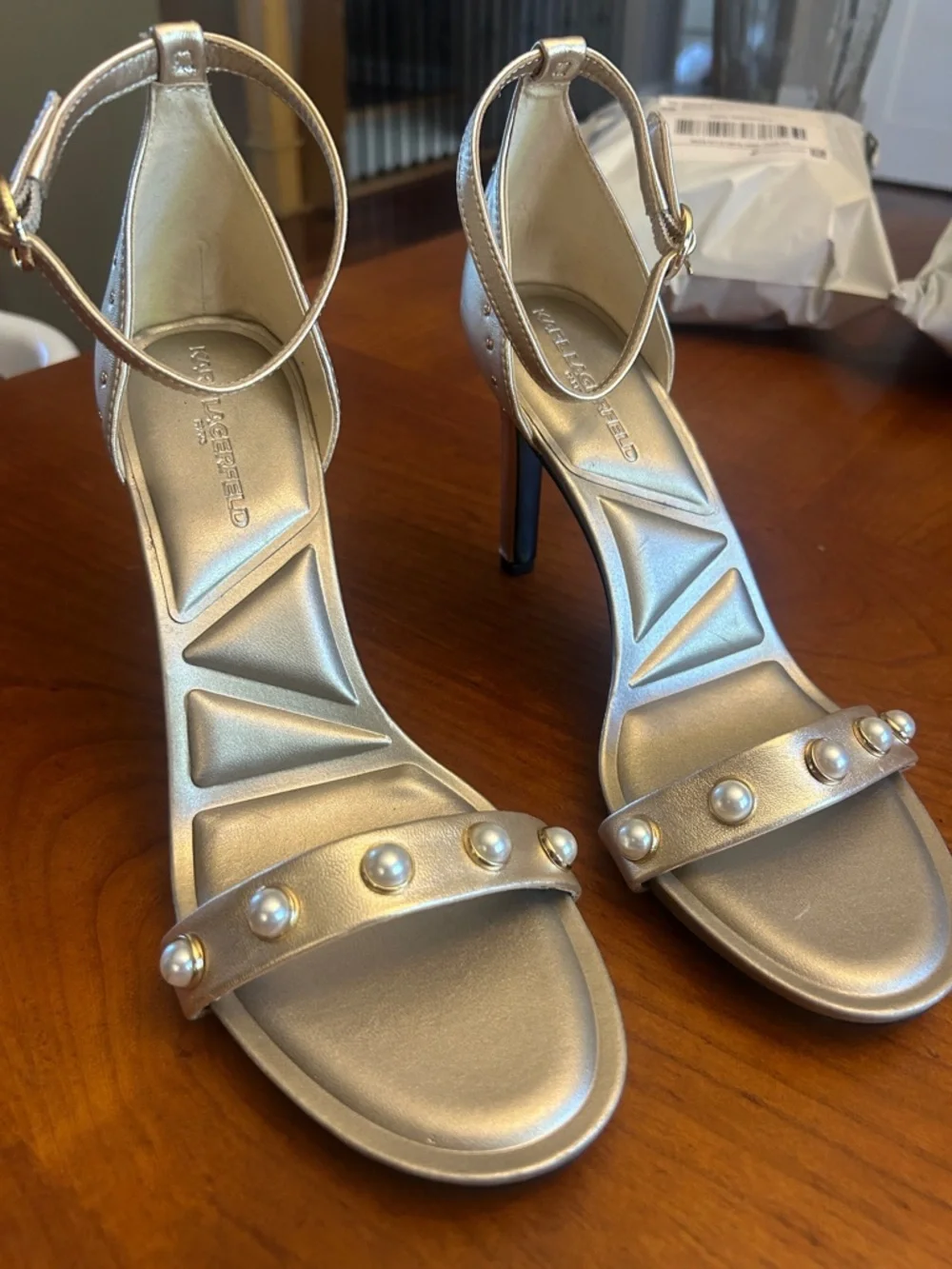 Karl Langerfeld Kenz Pearl Studded Ankle Strap Sandals in Gold Size 8.5 NEW
